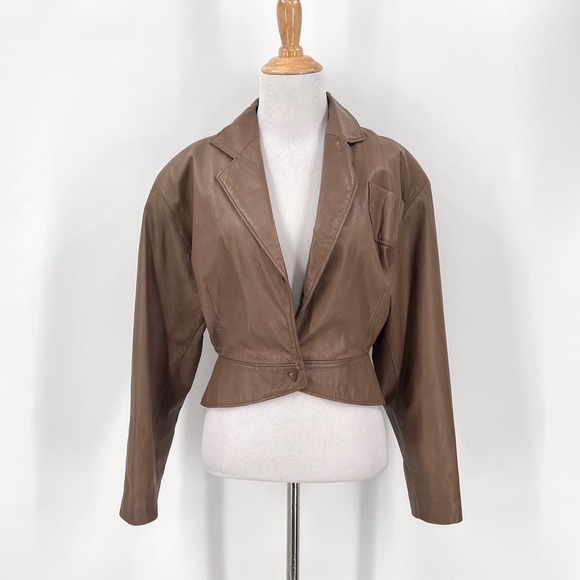 VINTAGE 80s Leather Jacket Womens Small Taupe Brown Cropped Julio De Rodriguez - Picture 1 of 16